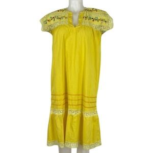 Vintage Yellow Peasant Midi Dress Hand Embroidered Floral Lace Trim Boho Small